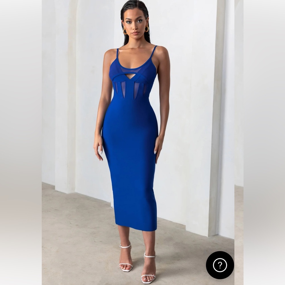 WORN ONCE! ELECTRIC BLUE BANDAGE MESH CUT OUT MIDI DRESS WITH BRA DETAIL